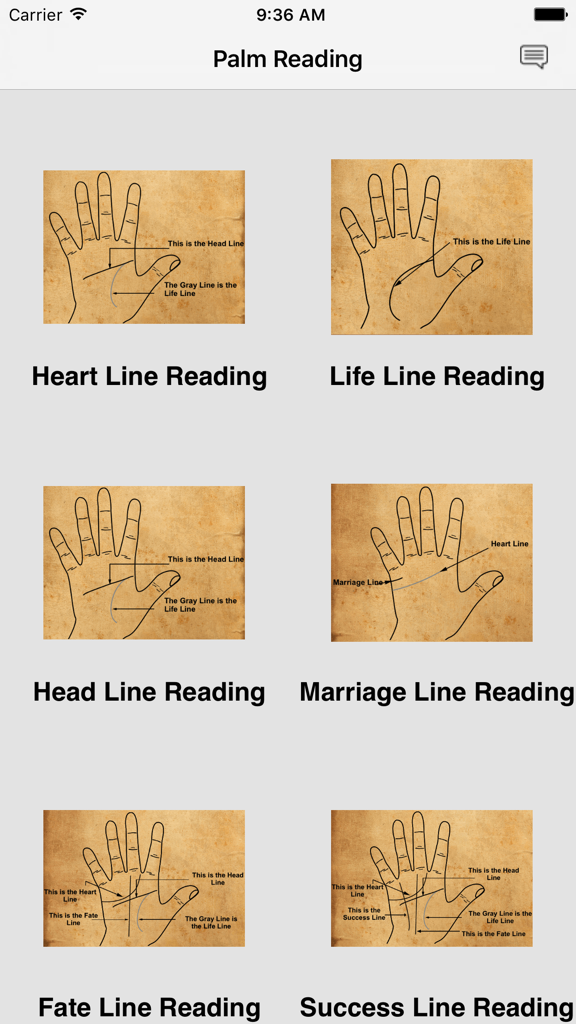 Palm Reader - Scan Your Future - A menu of palm reading types including heart life head and marriage lines