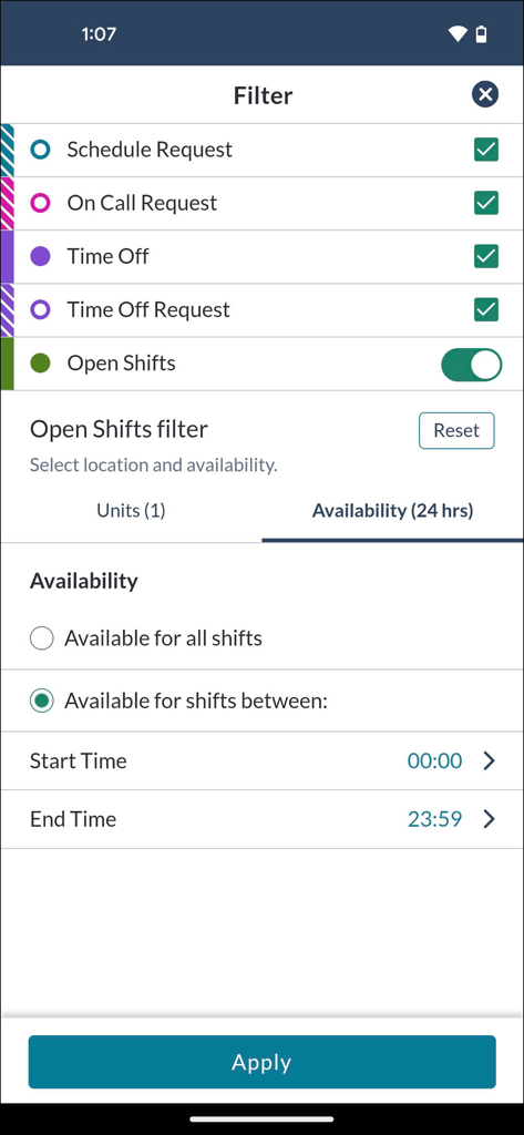 symplr Workforce - symplr Workforce app shift and availability filter screen