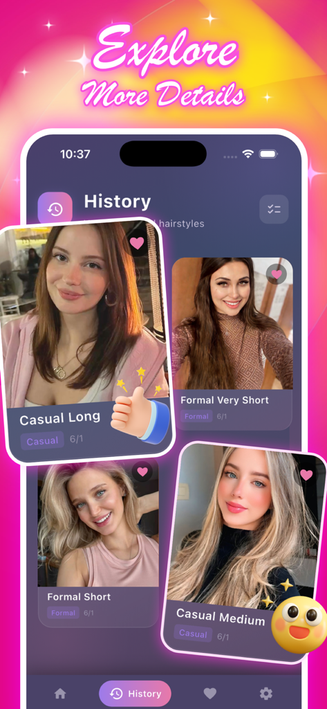 Silk - Your AI Hair Stylist - History screen of the Silk app showing saved virtual hairstyle transformations for different lengths and styles.
