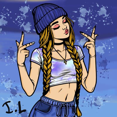 realistic teenage girl with braids and a beanie and crop top doing 🫶🏼