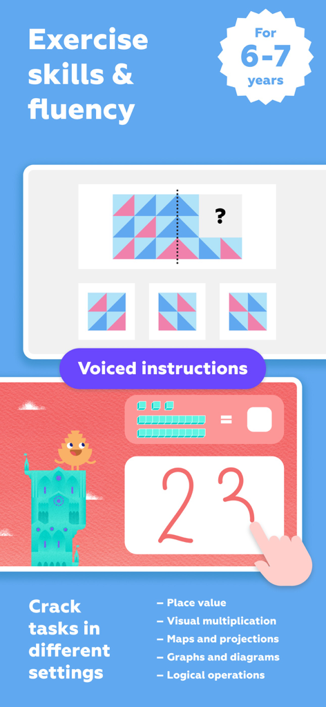 Exercícios de lógica matemática e valor posicional para crianças de 6 a 7 anos no aplicativo Funexpected Math