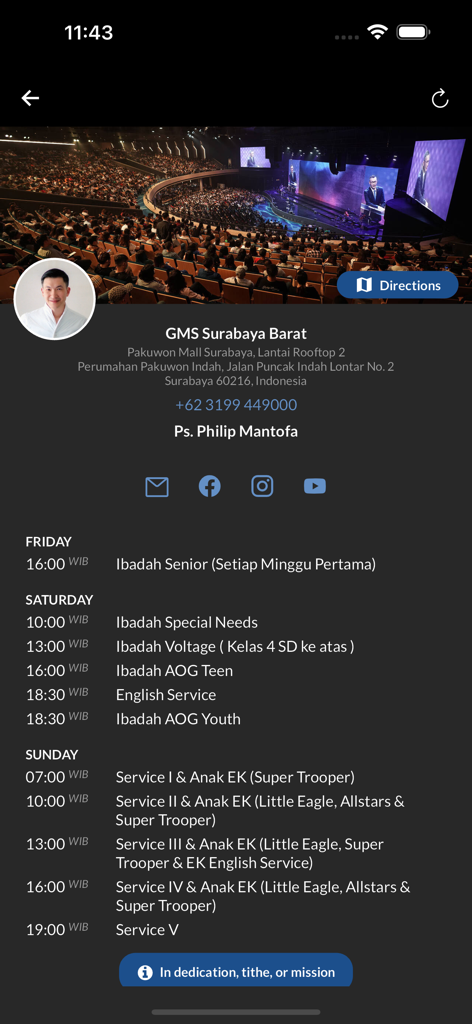 GMS Church - GMS Surabaya Barat church location details and weekly service schedule on the mobile app