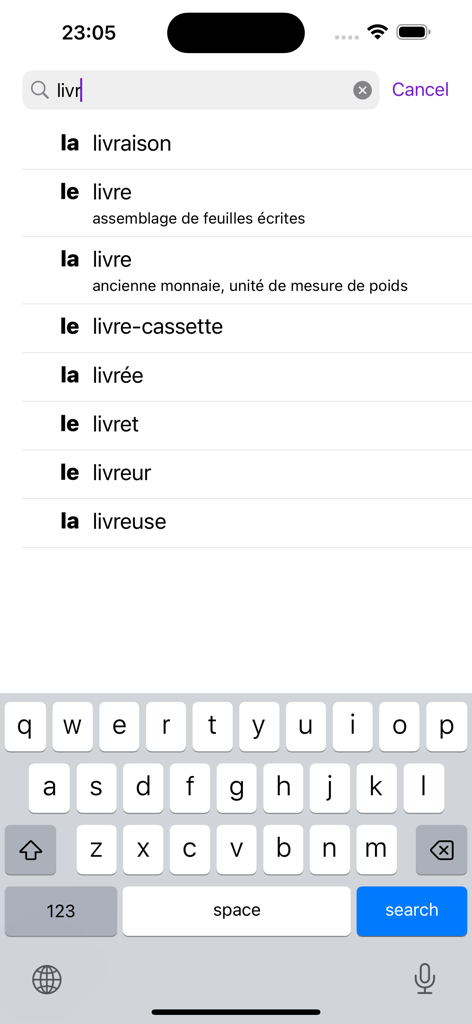 Le La - Search results in the Le La app showing French nouns with their corresponding masculine and feminine articles