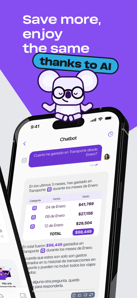 Mobile screenshot of Kebo app showing an AI chatbot interface analyzing monthly transport expenses