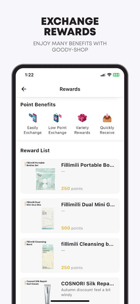 GOODY SHOPアプリのモバイル画面に、ポイント特典と報酬セクションで交換可能な美容製品が表示されています