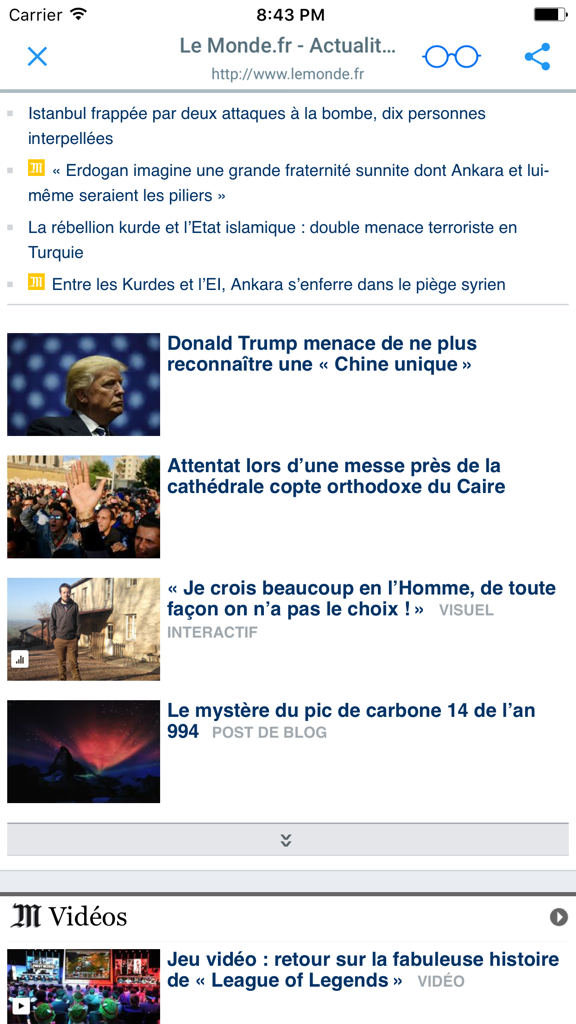 JOURNAUX et MAGAZINESアプリインターフェイスに表示されるLe Mondeの記事