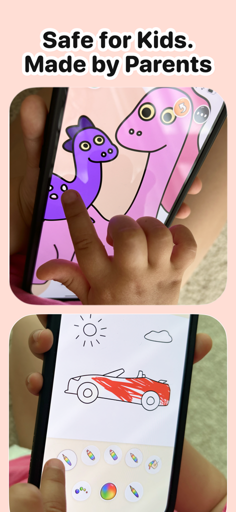 AI-Free Kids Coloring • Mea - A child's hand coloring a purple dinosaur and a red car on a smartphone using the Mea coloring app.