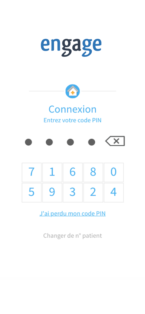 engage, suivi patient connecté - Tela de login do aplicativo Engage mostrando a entrada de um código PIN seguro para pacientes