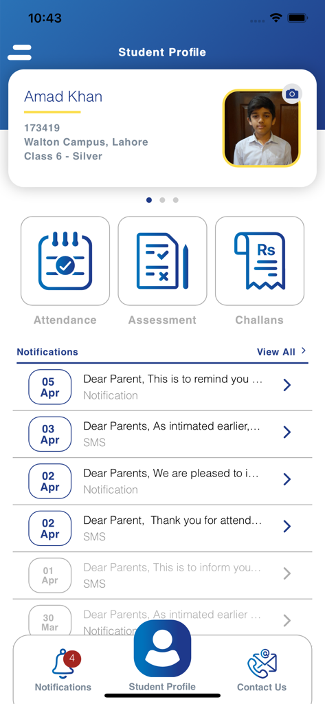 Beaconhouse App student profile interface with quick access to attendance and assessments