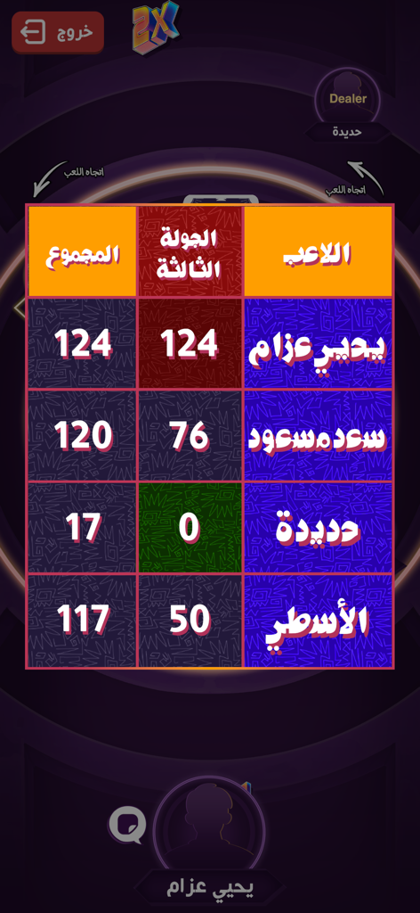 Skrew - سكرو - Interface du tableau des scores du jeu de cartes Skrew montrant les noms des joueurs et les scores des manches en arabe.