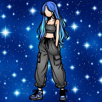girl in baggy pants crop top and long hair