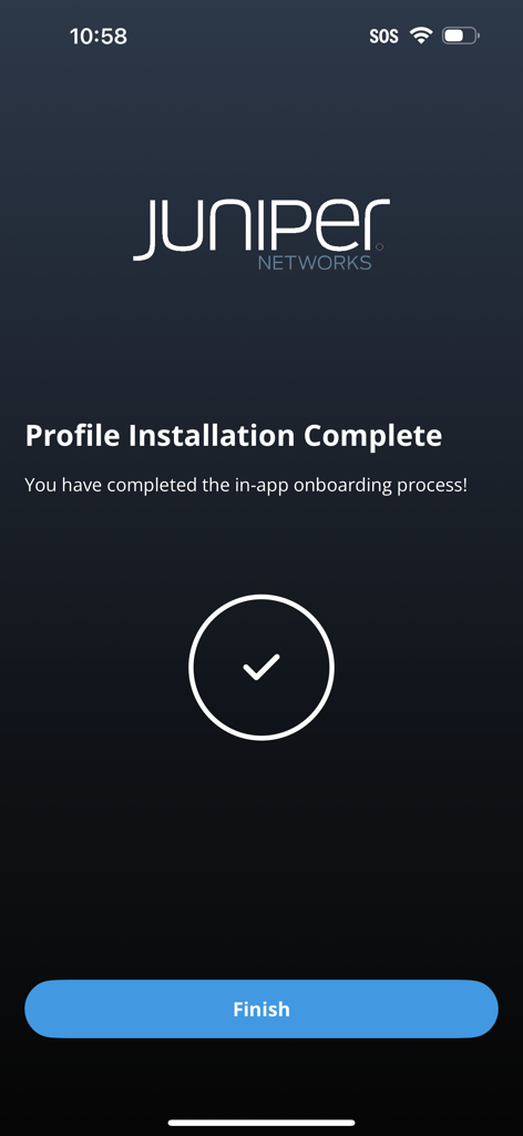 Schermata dell'app Marvis Client che conferma il completamento con successo dell'installazione del profilo e del processo di integrazione con un'icona di segno di spunta.