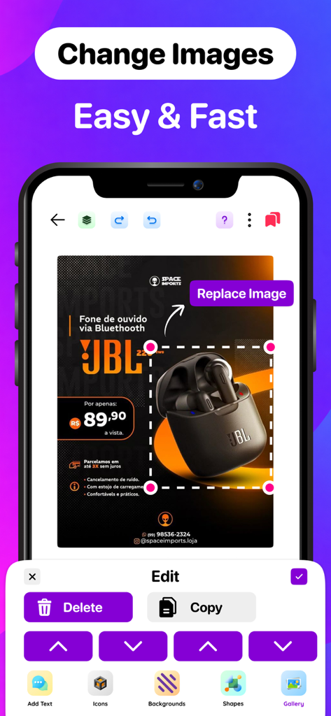 Poster Maker: AI Flyer Creator - ポスターメーカーアプリのインターフェースを示し、製品フライヤーの画像に簡単に素早く変更や編集を加える機能を表示しているスマートフォン画面。