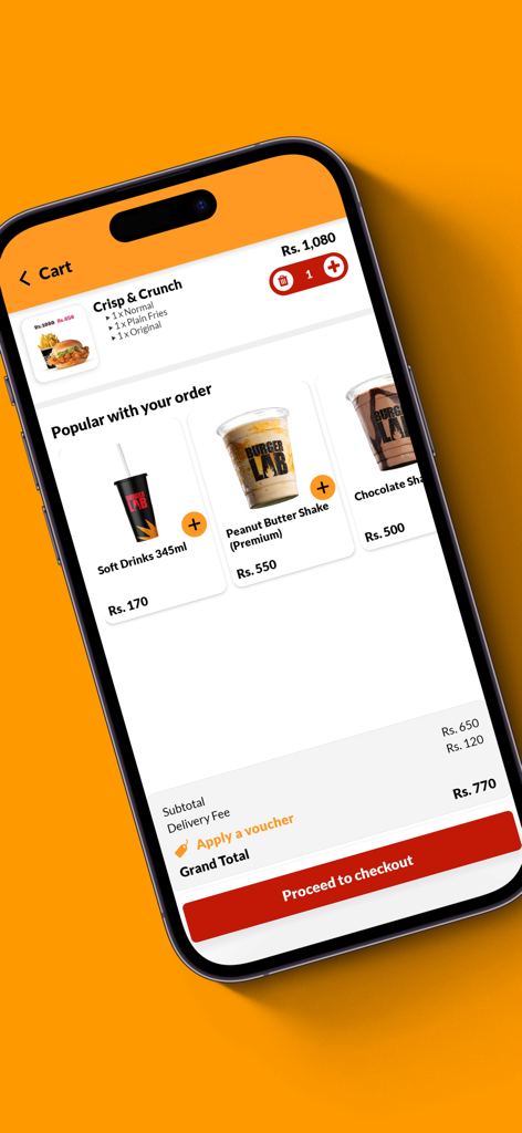 Burger Lab - Pantalla de pago de la app móvil Burger Lab mostrando detalles del carrito con una comida de hamburguesa y recomendaciones de bebidas