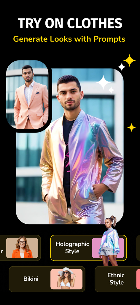 AI Video Face Swap : Deep Swap - Interface de aplicativo móvel mostrando uma prova de roupa virtual com um homem vestindo uma jaqueta holográfica