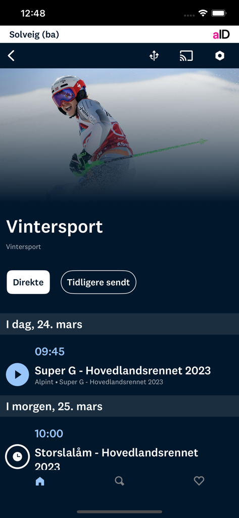 Direktesport - Direktesport mobile app interface showing a schedule for winter sports and alpine skiing