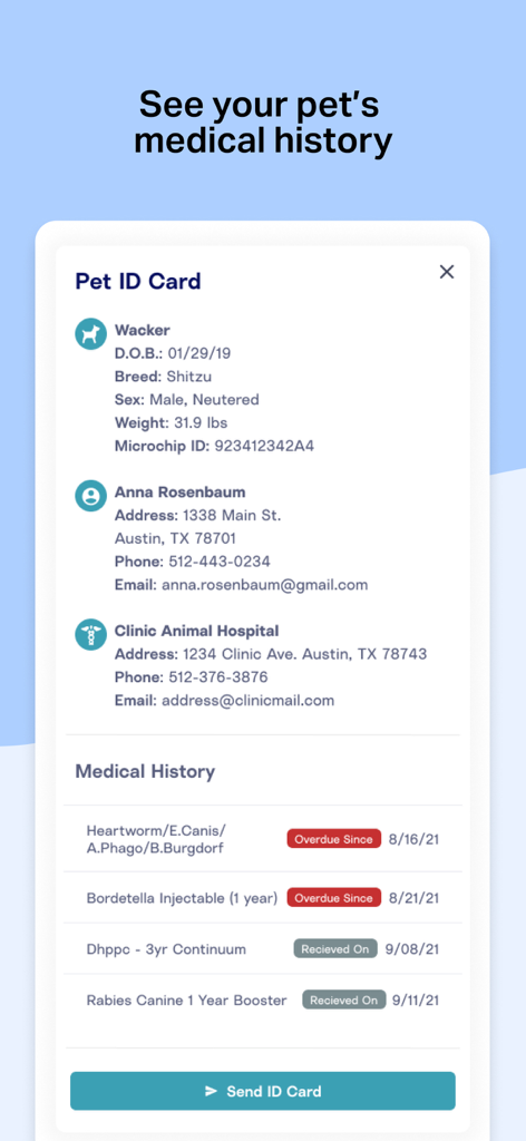 A digital Pet ID card within the Otto app displaying a pet's medical history and vaccination records.