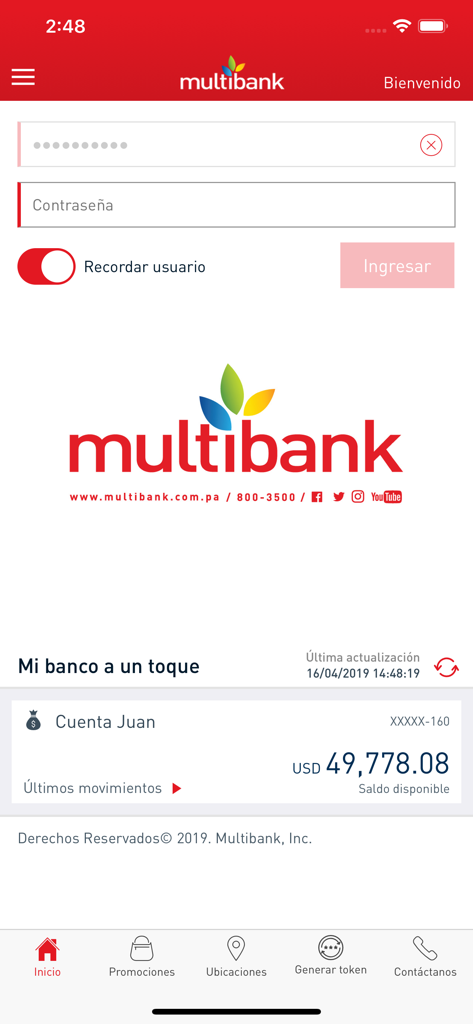 Multibank mobile banking app login screen showing account balance and menu options