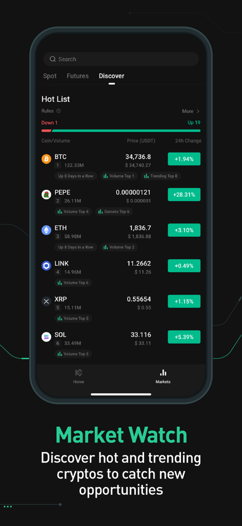 KuCoin 정보 모바일 앱 화면은 비트코인 및 페페와 같은 인기 암호화폐의 실시간 가격 및 24시간 변동을 보여줍니다.