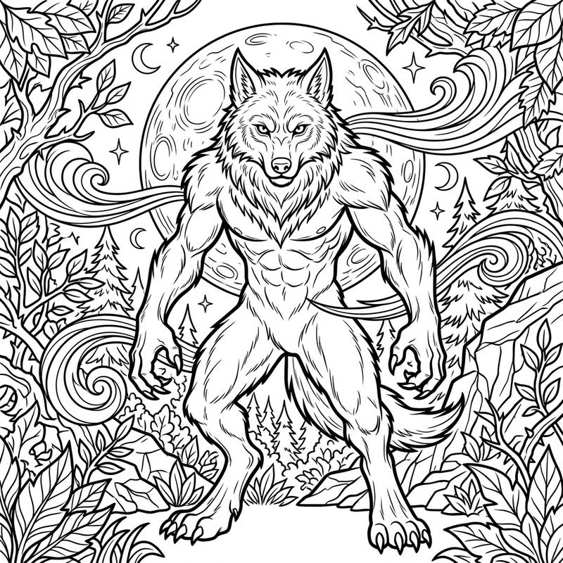 Dive into a thrilling fantasy world with this powerful werewolf coloring page. Capture the raw energy of the beast under a mystical full moon in a richly detailed forest setting.