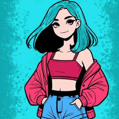 a realistic girl with a crop top and short shorts in an open jacket