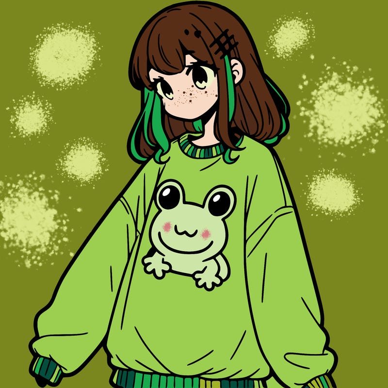 girl wearing frogging sweatshirt
