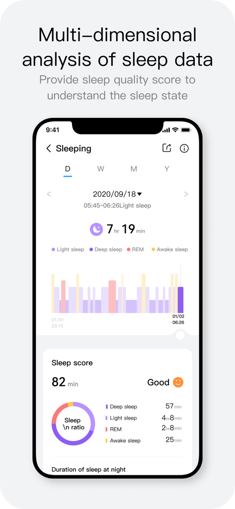 Haylou Fun - Panel de análisis del sueño de la aplicación Haylou Fun que muestra la puntuación del sueño y las etapas
