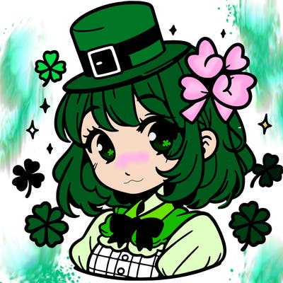 a manga-style girl with clovers around her, a little hat in her hair, like it's saint patrick's day