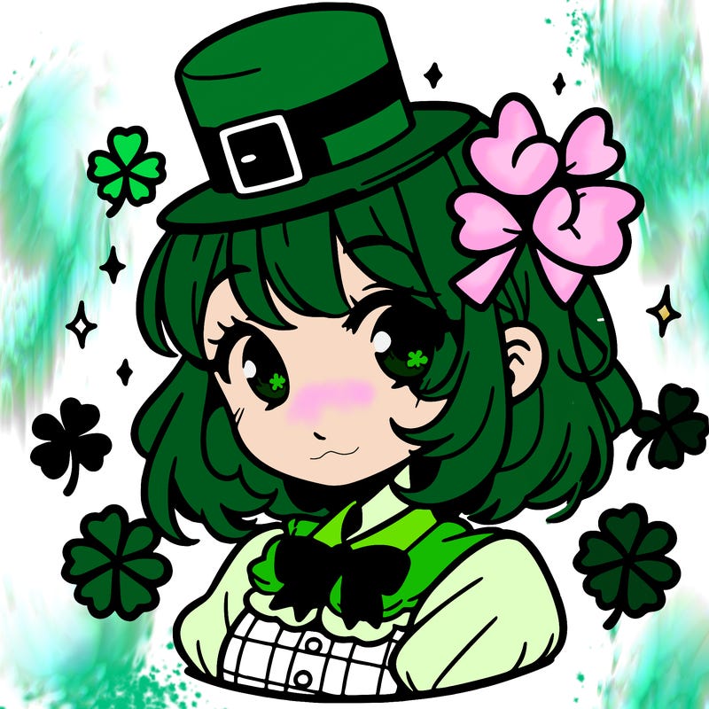 a manga-style girl with clovers around her, a little hat in her hair, like it's saint patrick's day