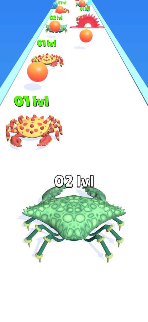 Crab Evolution Run - A green level two crab following smaller red crabs on a white track