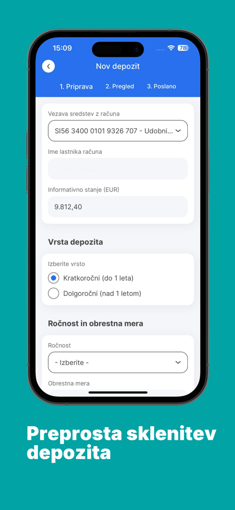 Sparkasse M.Stik - Schermata di deposito nuovo dell'app di mobile banking Sparkasse M.Stik con campi per la selezione del conto e il tipo di deposito