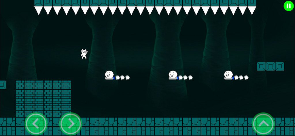 Syobon Action HD gameplay showing the cat character jumping through a level with sharp ceiling spikes and floating enemies.