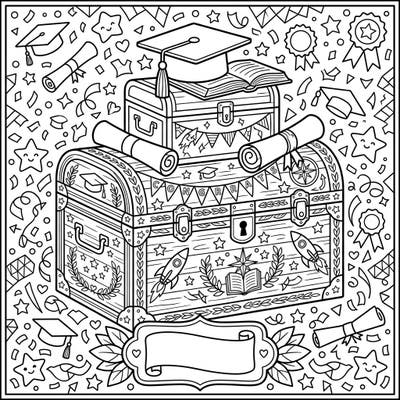 Unearth the joy of achievement with this unique Graduation Day coloring page featuring stacked decorative storage trunks. Adorned with caps, diplomas, and inspiring symbols, it's perfect for celebrating a special milestone.