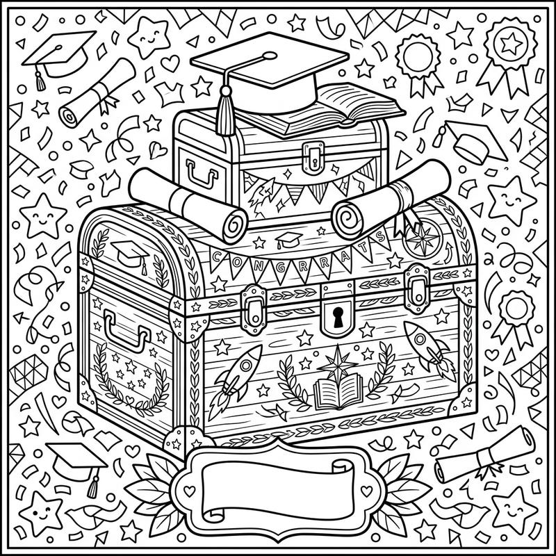 Unearth the joy of achievement with this unique Graduation Day coloring page featuring stacked decorative storage trunks. Adorned with caps, diplomas, and inspiring symbols, it's perfect for celebrating a special milestone.