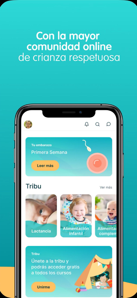 Criar con Sentido Común - Panel de control de la aplicación Criar con Sentido Común mostrando categorías de crianza como embarazo y lactancia