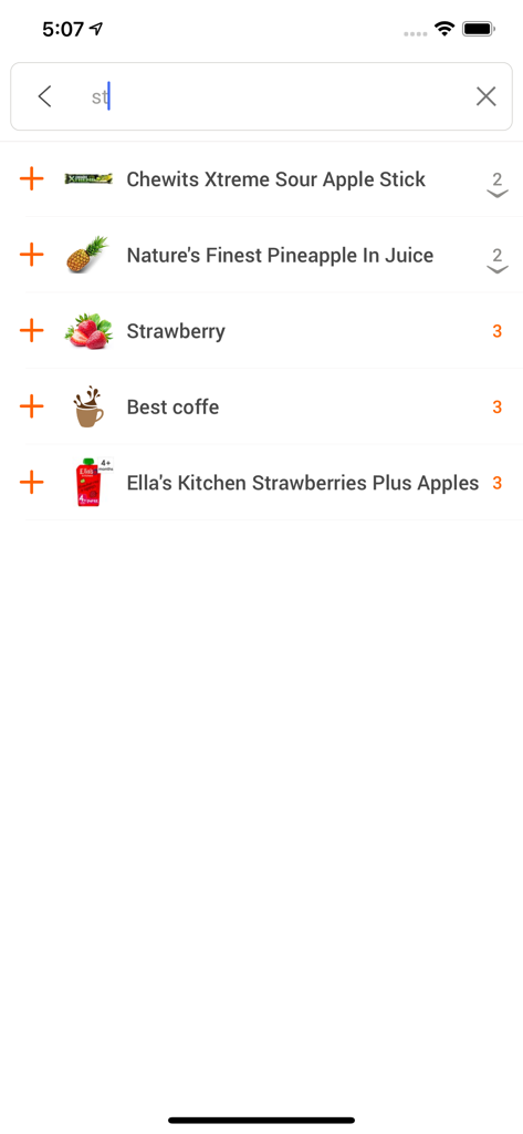 Product search screen in the Oriient IndoorGPS app listing grocery items and their aisle locations