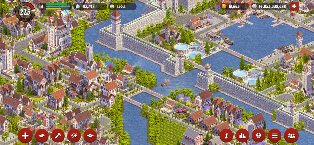 Designer City: Medieval Empire - Aerial view of a detailed medieval city with castles stone walls and a river port