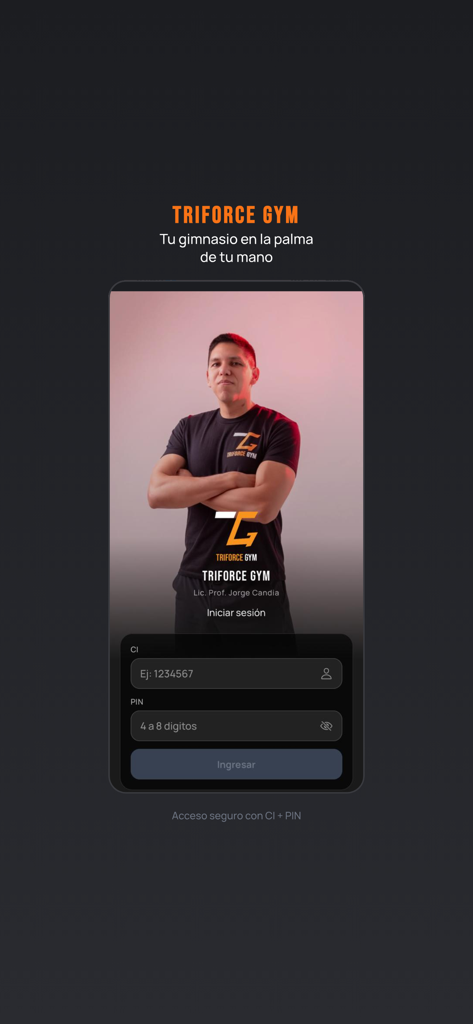Triforce Gym - Pantalla de inicio de sesión de la aplicación Triforce Gym con campos de acceso seguro y foto del entrenador personal