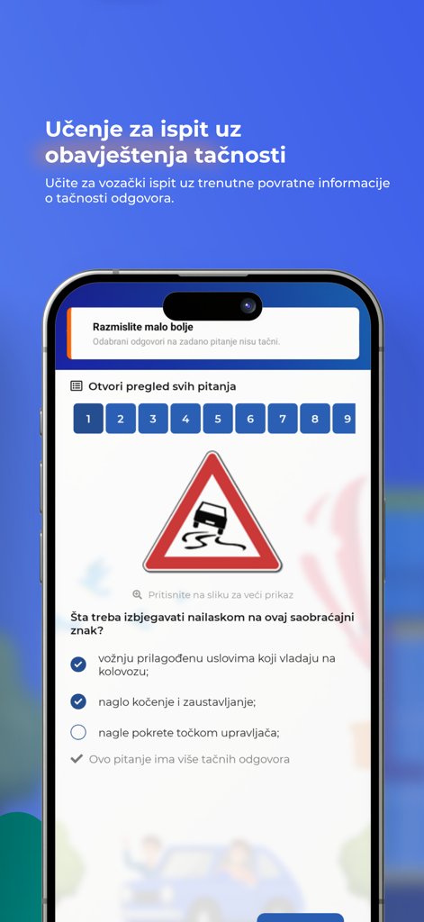 Driver Testovi - BiH - Una pantalla de aplicación móvil que muestra una pregunta de examen teórico de conducir con una señal de tráfico y opciones de respuesta múltiple en bosnio.