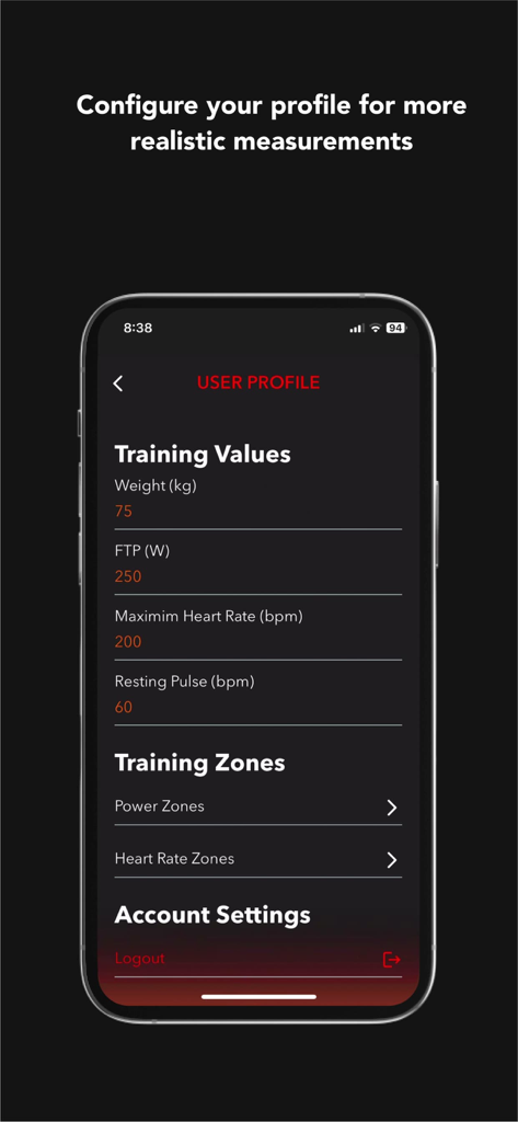 ROTOR Power - User profile configuration screen in the ROTOR Power app showing training values like FTP and heart rate zones