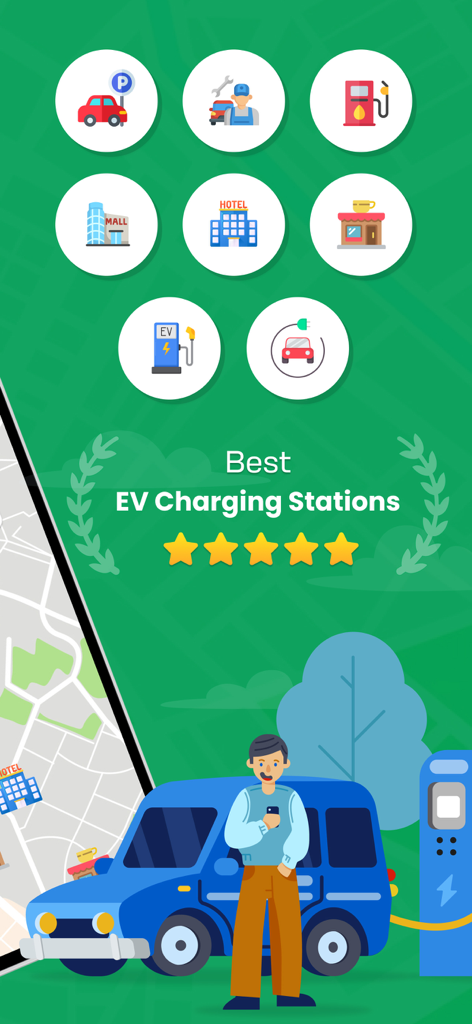 EVMap- Charging Station Finder - Promotional graphic for EVMap app featuring an illustration of a man charging his electric vehicle and icons for nearby amenities like hotels and cafes.
