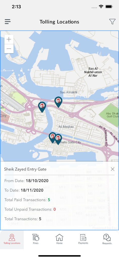 Map view in DARB app showing Abu Dhabi tolling gate locations and transaction summary