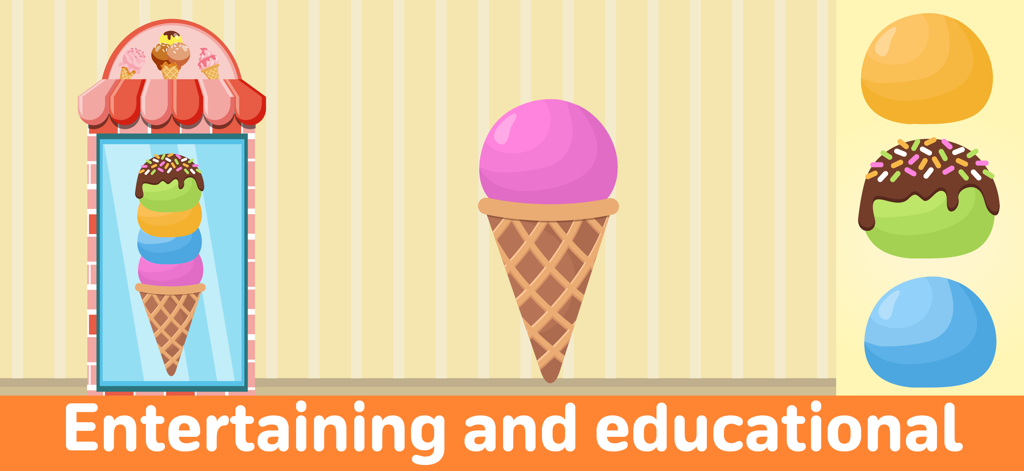 Kids games for toddlers 3 5 - Toddler learning game interface featuring a creative ice cream making activity with colorful scoops