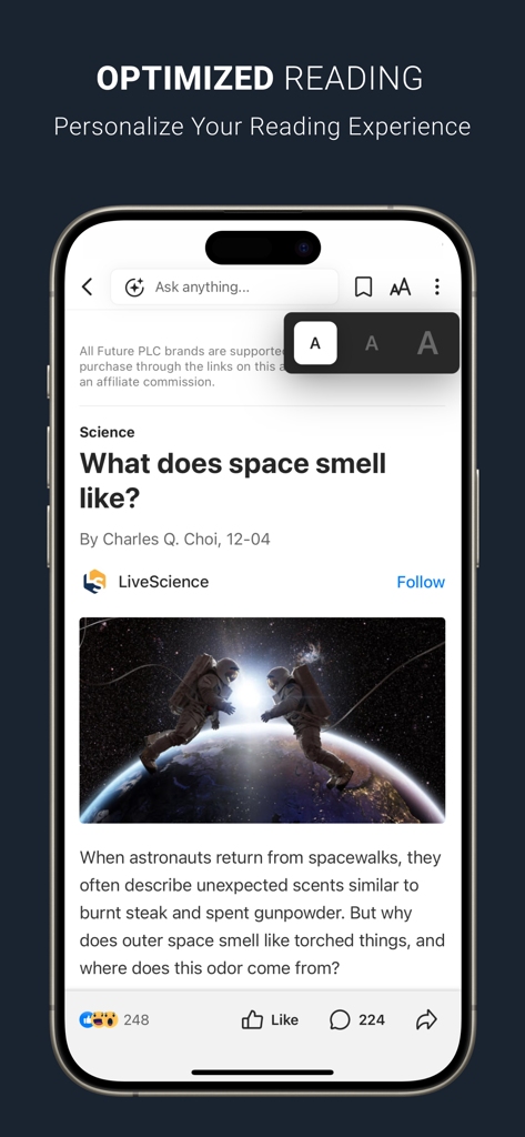 NewsBreak app interface showing optimized reading and font size customization for a science article.