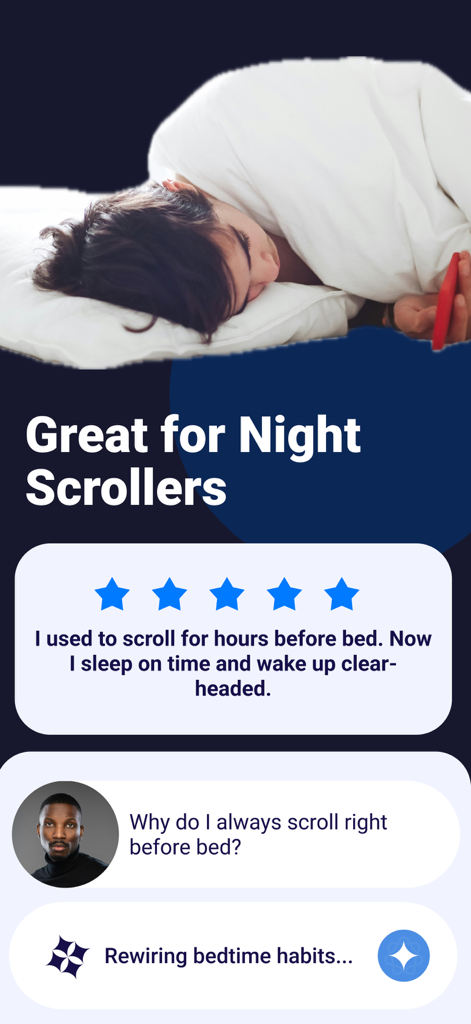 Sleep Schedule: Stop Scrolling - A woman lying in bed with a phone and a five star user review about stopping night scrolling.