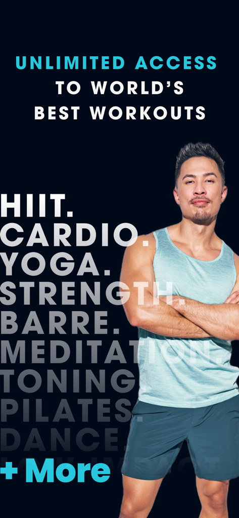 FitOn Workouts & Fitness Plans - A FitOn fitness trainer standing in front of a list of workout categories including HIIT, Cardio, Yoga, and Strength.