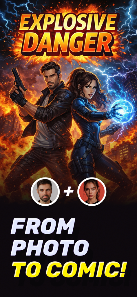 ComiX: AI Comics Book Maker - AI-generated comic book cover showing two real people transformed into action heroes amidst fire and lightning.