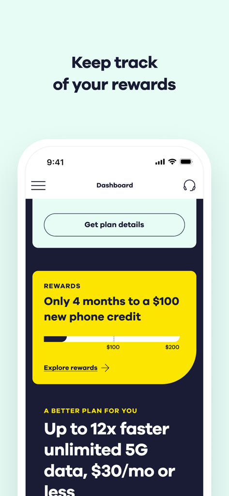 My Total Wireless: Account App - My Total Wireless app dashboard showing rewards progress towards a new phone credit