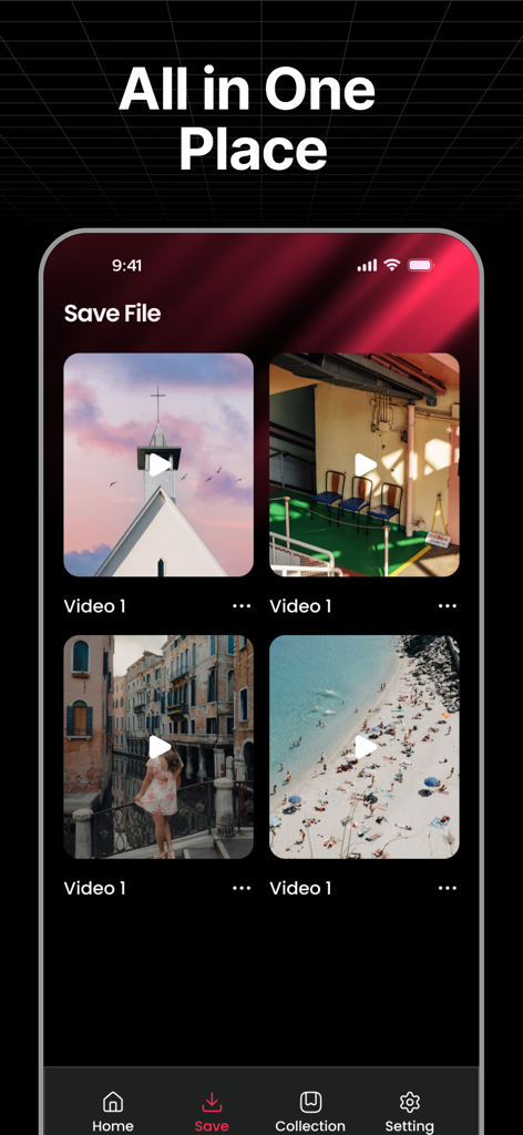TikSave : Save videos - Smartphone screen displaying the TikSave app with a grid of saved videos and navigation menu