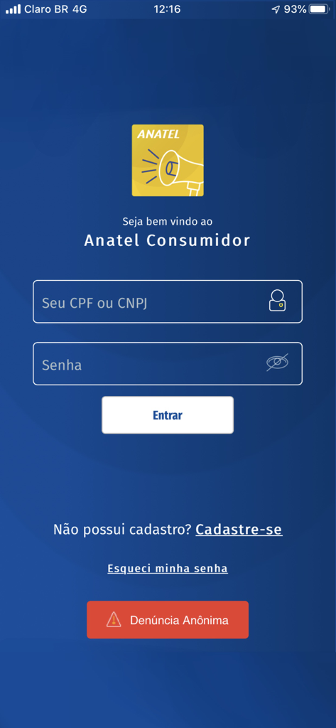 Anatel Consumidor Mobile - Écran de connexion de l'application mobile Anatel Consumidor avec des champs pour le CPF et le mot de passe
